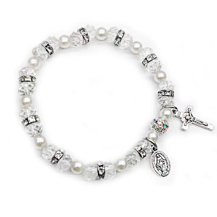 Bracelet extensible en perles de cristal avec crucifix et médaille miraculeuse - Blanc - image 10