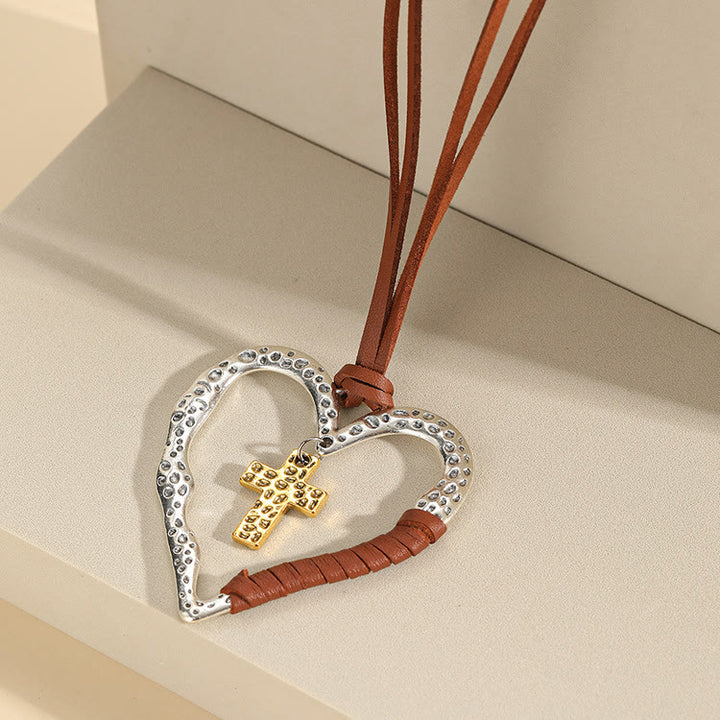 Collier pendentif cœur croix en alliage - Brun - image 0