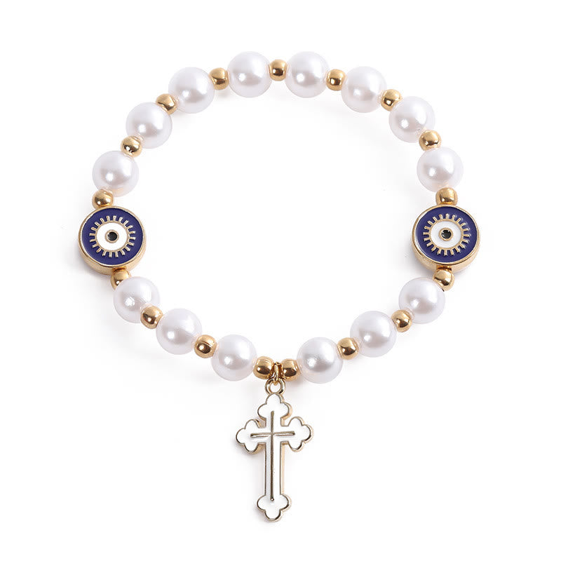 Bracelet en perles « Yeux » fait main avec croix perlée - Blanc - image 3