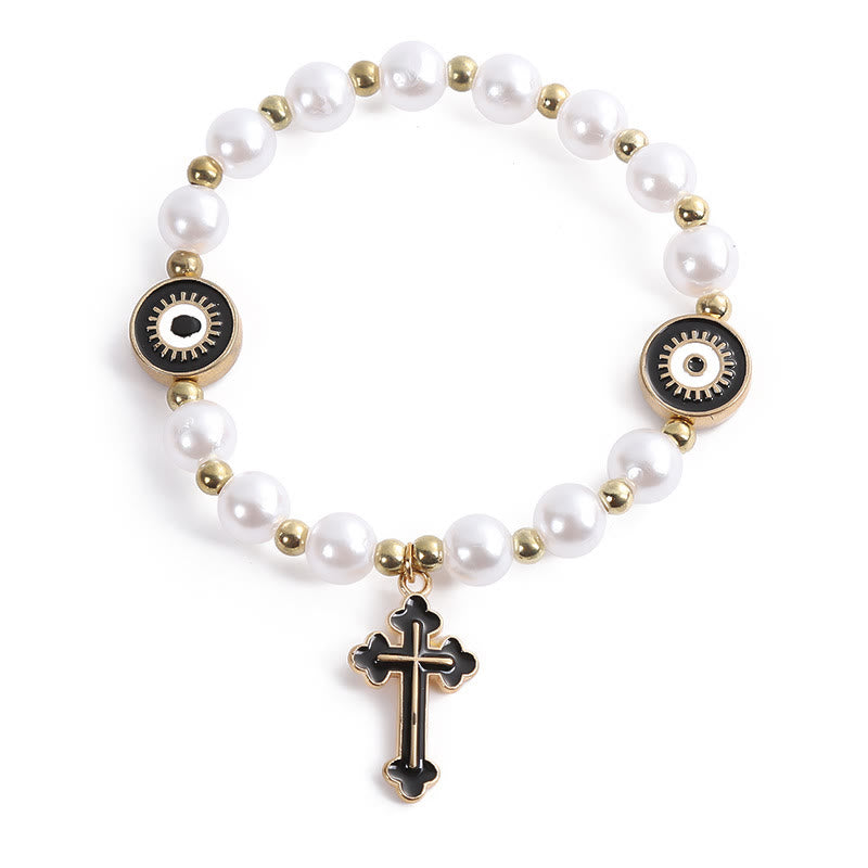 Bracelet en perles « Yeux » fait main avec croix perlée - Noir - image 2