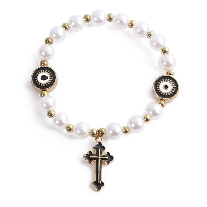 Bracelet en perles « Yeux » fait main avec croix perlée - Noir - image 2