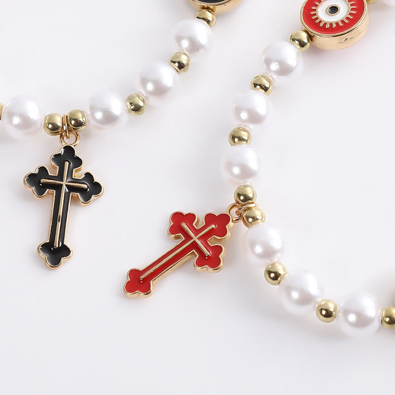 Bracelet en perles « Yeux » fait main avec croix perlée - Rouge - image 0