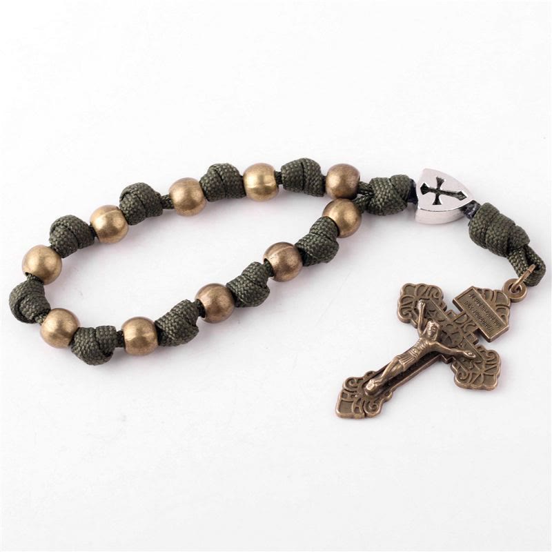 Pendentif crucifix de voiture en corde tressée faite à la main, chapelet de poche - Vert olive - image 2