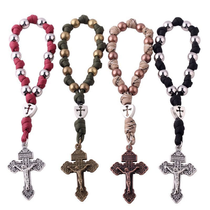Pendentif crucifix de voiture en corde tressée faite à la main, chapelet de poche - image 0