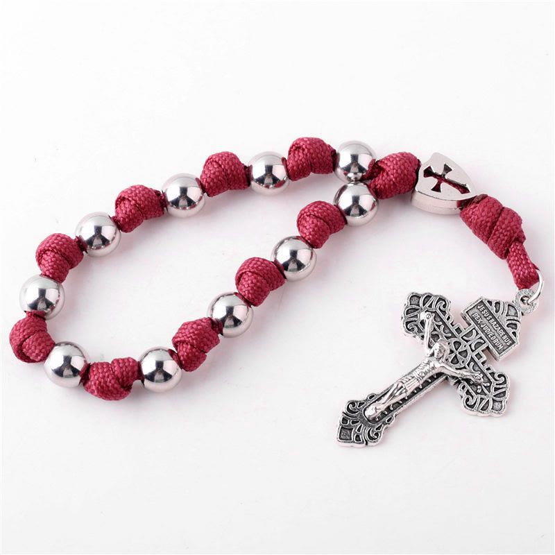 Pendentif crucifix de voiture en corde tressée faite à la main, chapelet de poche - Rouge - image 1