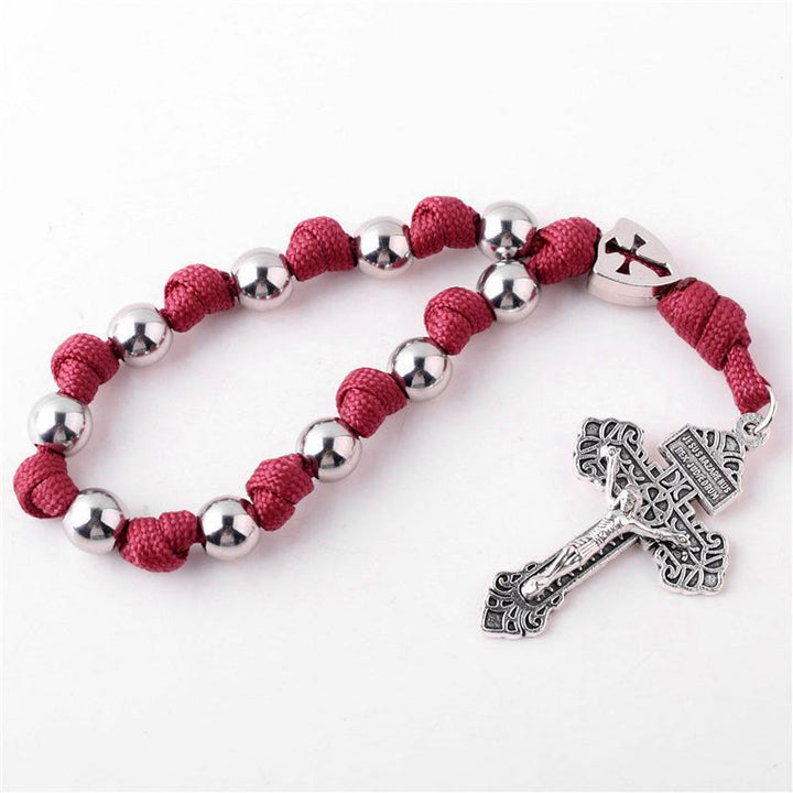 Pendentif crucifix de voiture en corde tressée faite à la main, chapelet de poche - Rouge - image 1