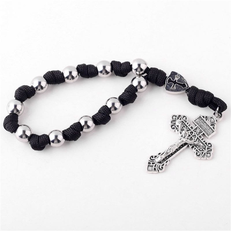 Pendentif crucifix de voiture en corde tressée faite à la main, chapelet de poche - Noir - image 4