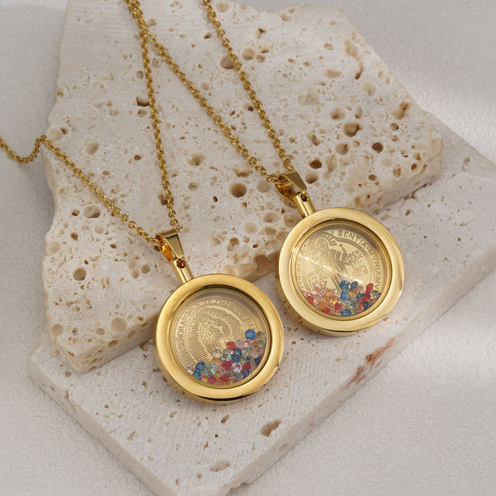 Christianartworkshop Collier réversible rond en or : Notre-Dame et Saint Benoît - Vierge Marie - Doré - image 0
