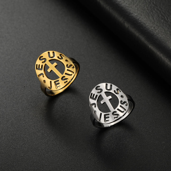 Bague en acier inoxydable avec croix et amulette « JÉSUS » de Christianartworkshop - US 7 - Doré - image 0