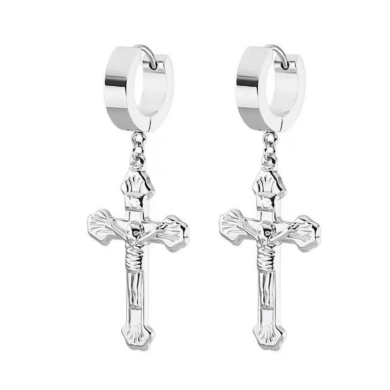 Boucles d'oreilles crucifix en acier inoxydable, bijoux religieux - Argent - image 0