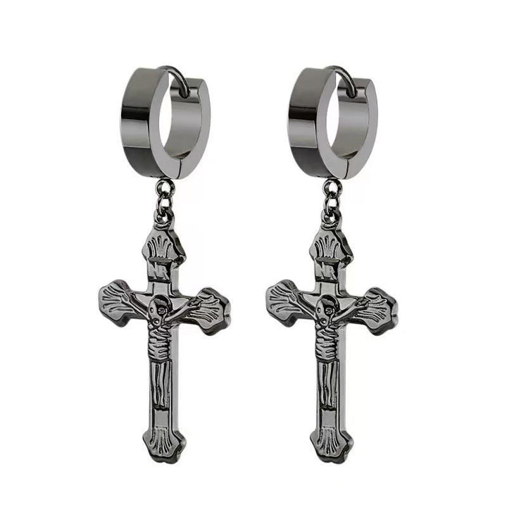 Boucles d'oreilles crucifix en acier inoxydable, bijoux religieux - Noir - image 1