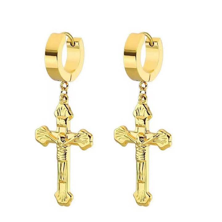Boucles d'oreilles crucifix en acier inoxydable, bijoux religieux - Doré - image 2