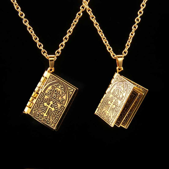 Christianartworkshop Collier de qualité avec pendentif croix tournante et Sainte Bible - Doré - image 0