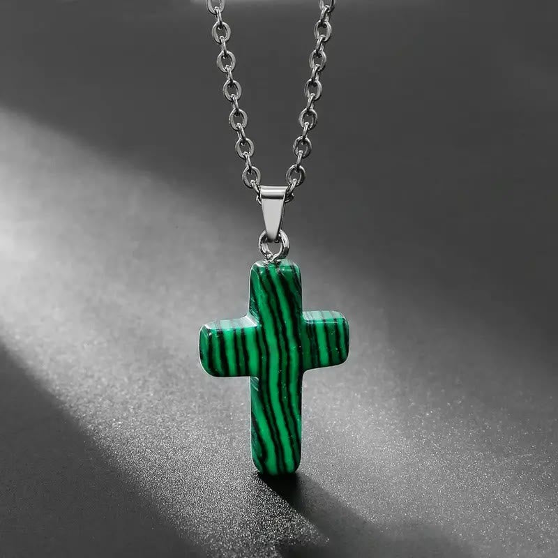 Christianartworkshop Collier pendentif croix en pierre naturelle - Malachite - image 1