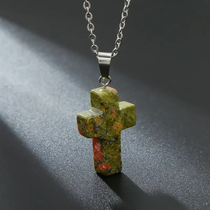 Christianartworkshop Collier pendentif croix en pierre naturelle - Unakite - image 17