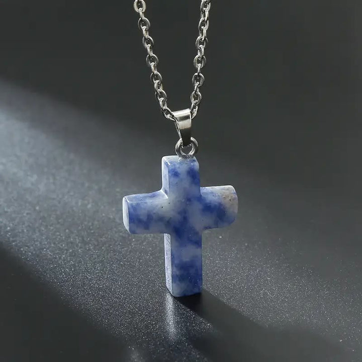 Christianartworkshop Collier pendentif croix en pierre naturelle - Pierre bleue - image 13