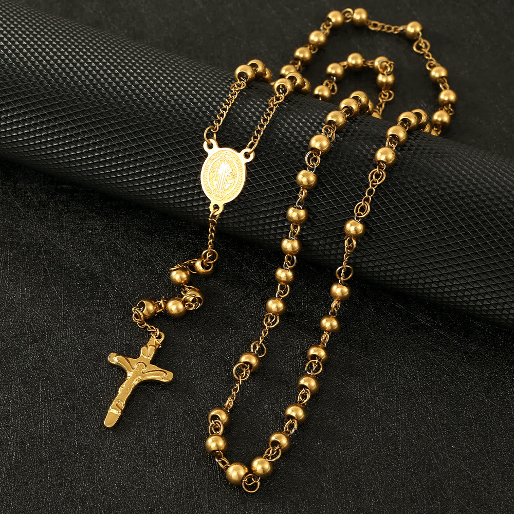Chapelet crucifix Saint Benoît en perles d'acier inoxydable - Doré - image 1