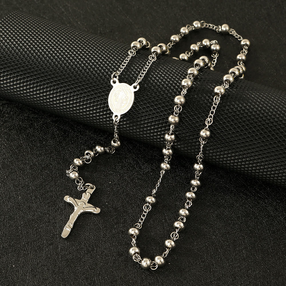 Chapelet crucifix Saint Benoît en perles d'acier inoxydable - Argent - image 2
