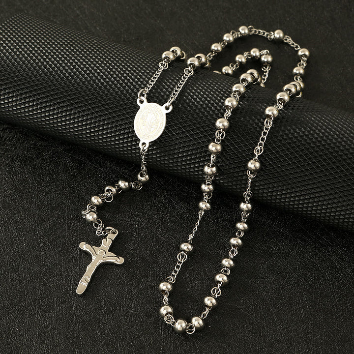 Chapelet crucifix Saint Benoît en perles d'acier inoxydable - Argent - image 2