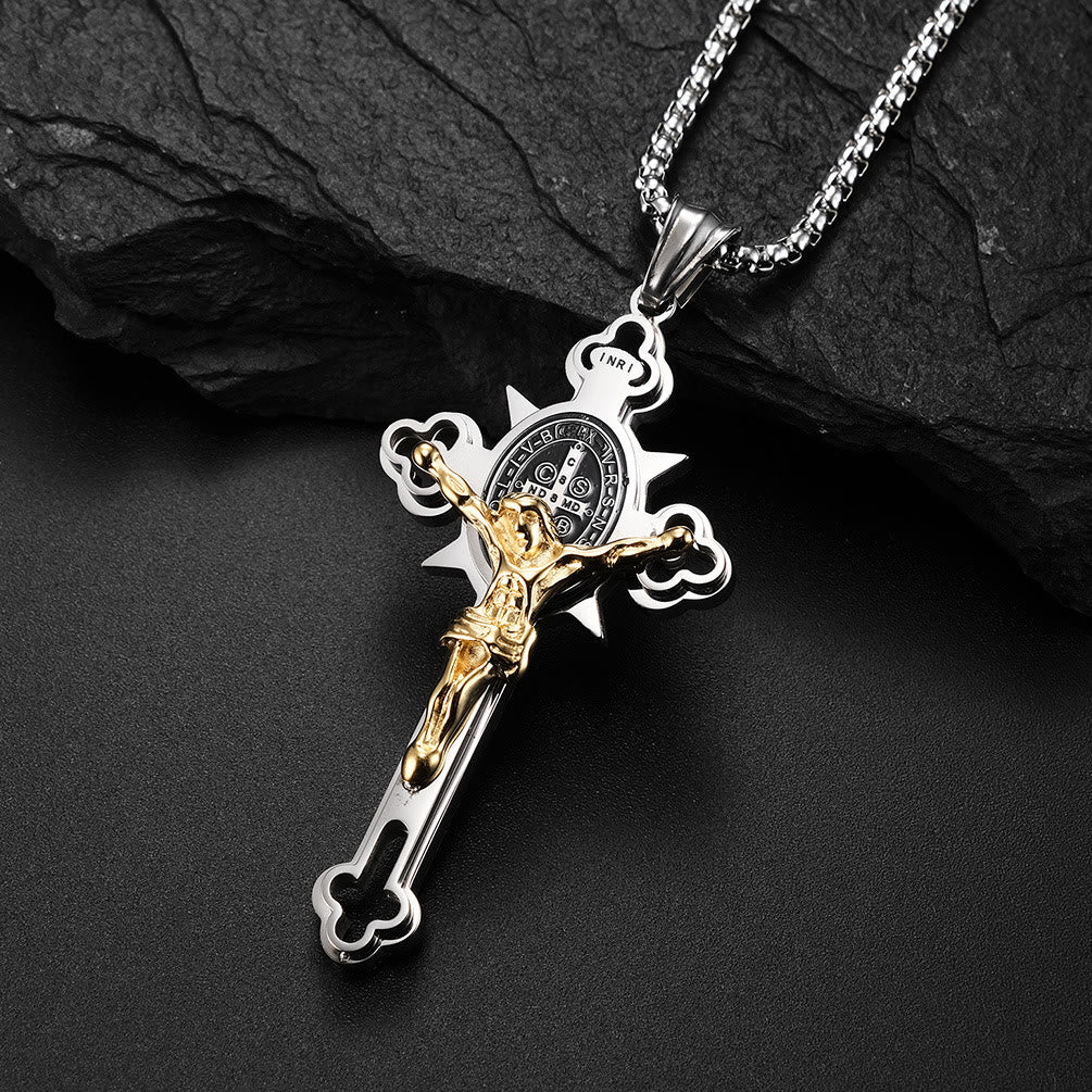 Christianartworkshop Collier crucifix avec symbole de saint Benoît - Or métallisé - 29,52''/80 cm - image 0