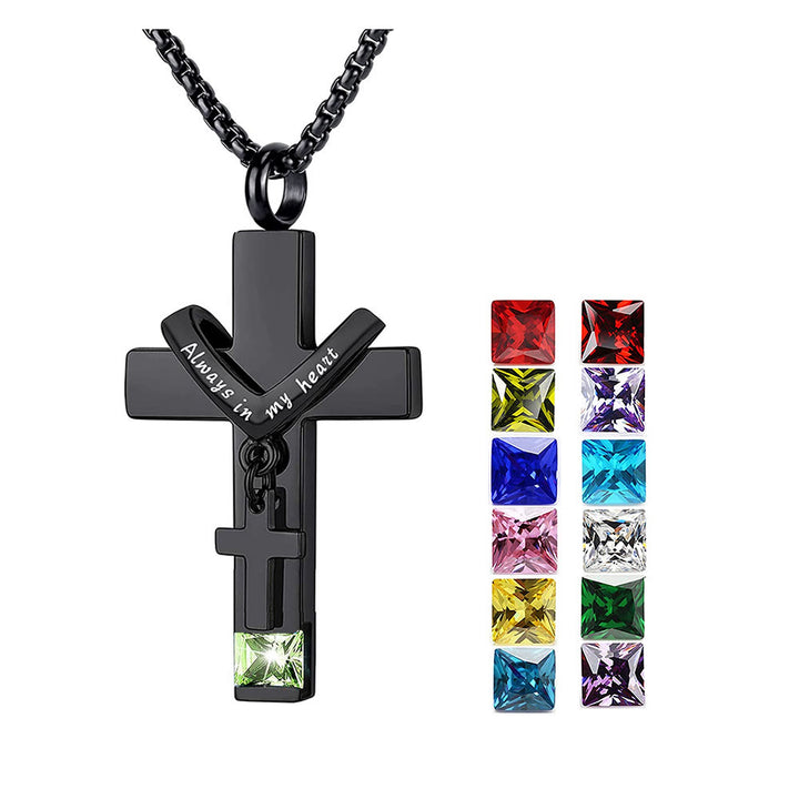 Christianartworkshop Collier pendentif urne funéraire double croix avec pierre de naissance des 12 mois - image 0