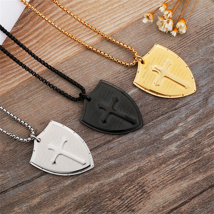 Christianartworkshop Collier pendentif croix et bouclier en acier inoxydable avec la prière du Seigneur - image 8