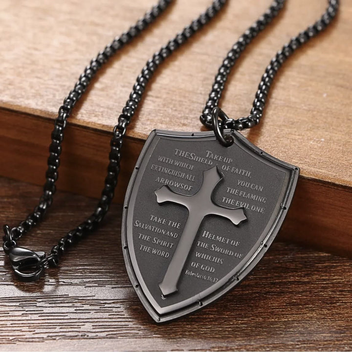 Christianartworkshop Collier pendentif croix et bouclier en acier inoxydable avec la prière du Seigneur - Prendre - Noir - image 4