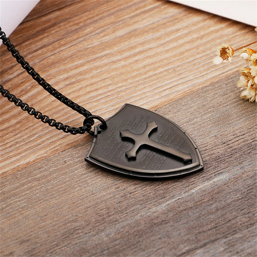Christianartworkshop Collier pendentif croix et bouclier en acier inoxydable avec la prière du Seigneur - image 5