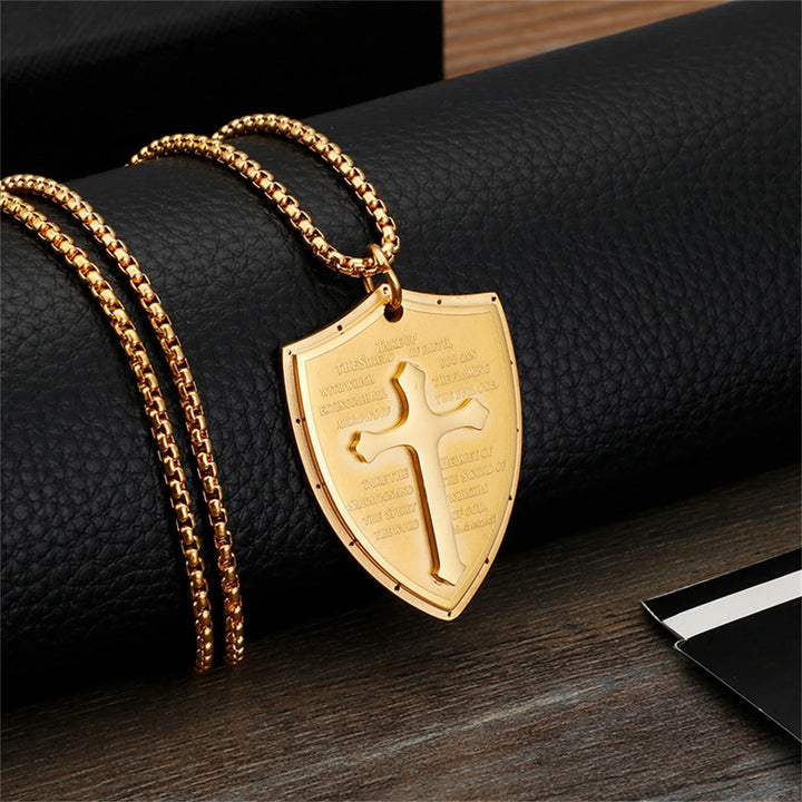 Christianartworkshop Collier pendentif croix et bouclier en acier inoxydable avec la prière du Seigneur - Prendre - Doré - image 6