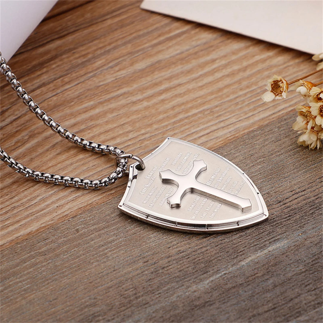 Christianartworkshop Collier pendentif croix et bouclier en acier inoxydable avec la prière du Seigneur - image 1