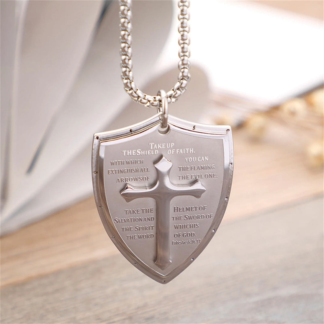 Christianartworkshop Collier pendentif croix et bouclier en acier inoxydable avec la prière du Seigneur - Prendre - Argent - image 0