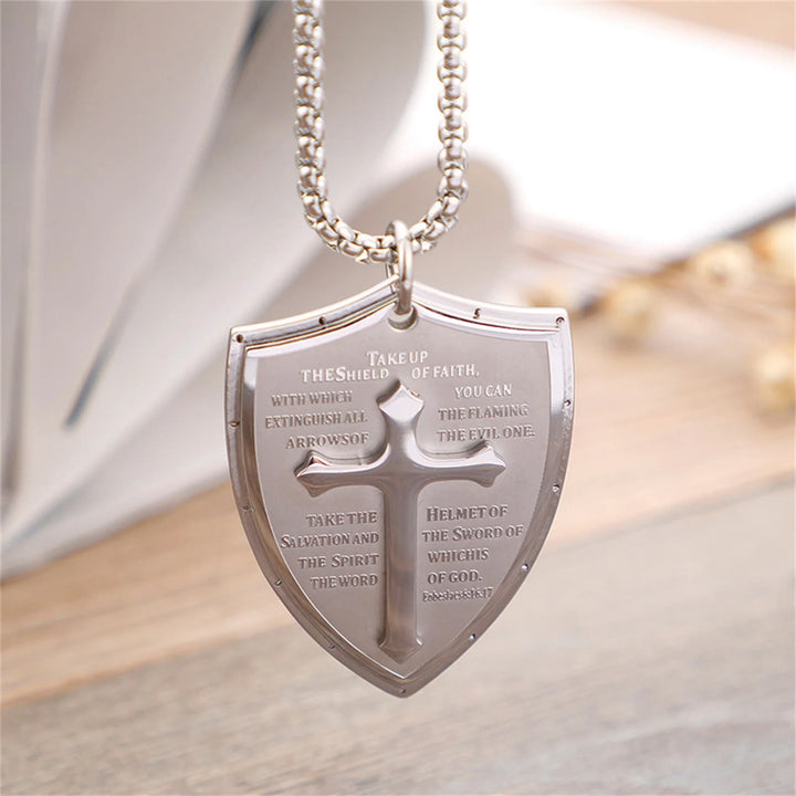 Christianartworkshop Collier pendentif croix et bouclier en acier inoxydable avec la prière du Seigneur - Prendre - Argent - image 0