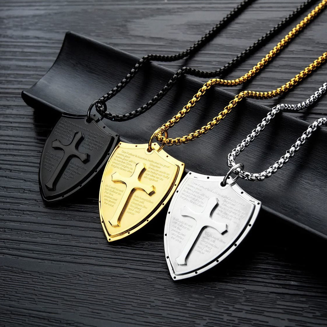 Christianartworkshop Collier pendentif croix et bouclier en acier inoxydable avec la prière du Seigneur - image 15