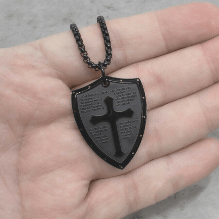Christianartworkshop Collier pendentif croix et bouclier en acier inoxydable avec la prière du Seigneur - image 12