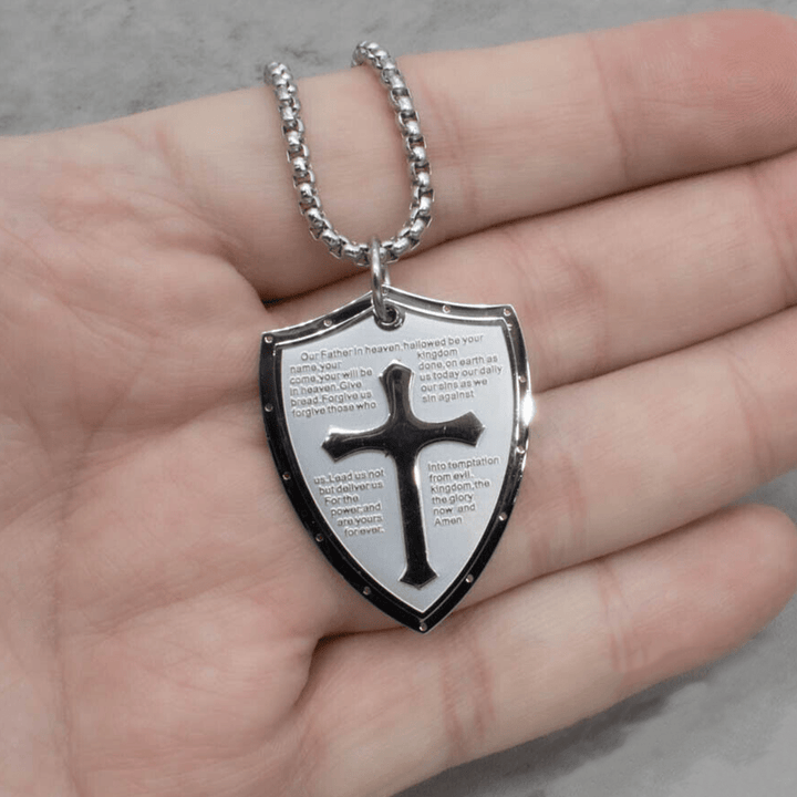 Christianartworkshop Collier pendentif croix et bouclier en acier inoxydable avec la prière du Seigneur - image 10