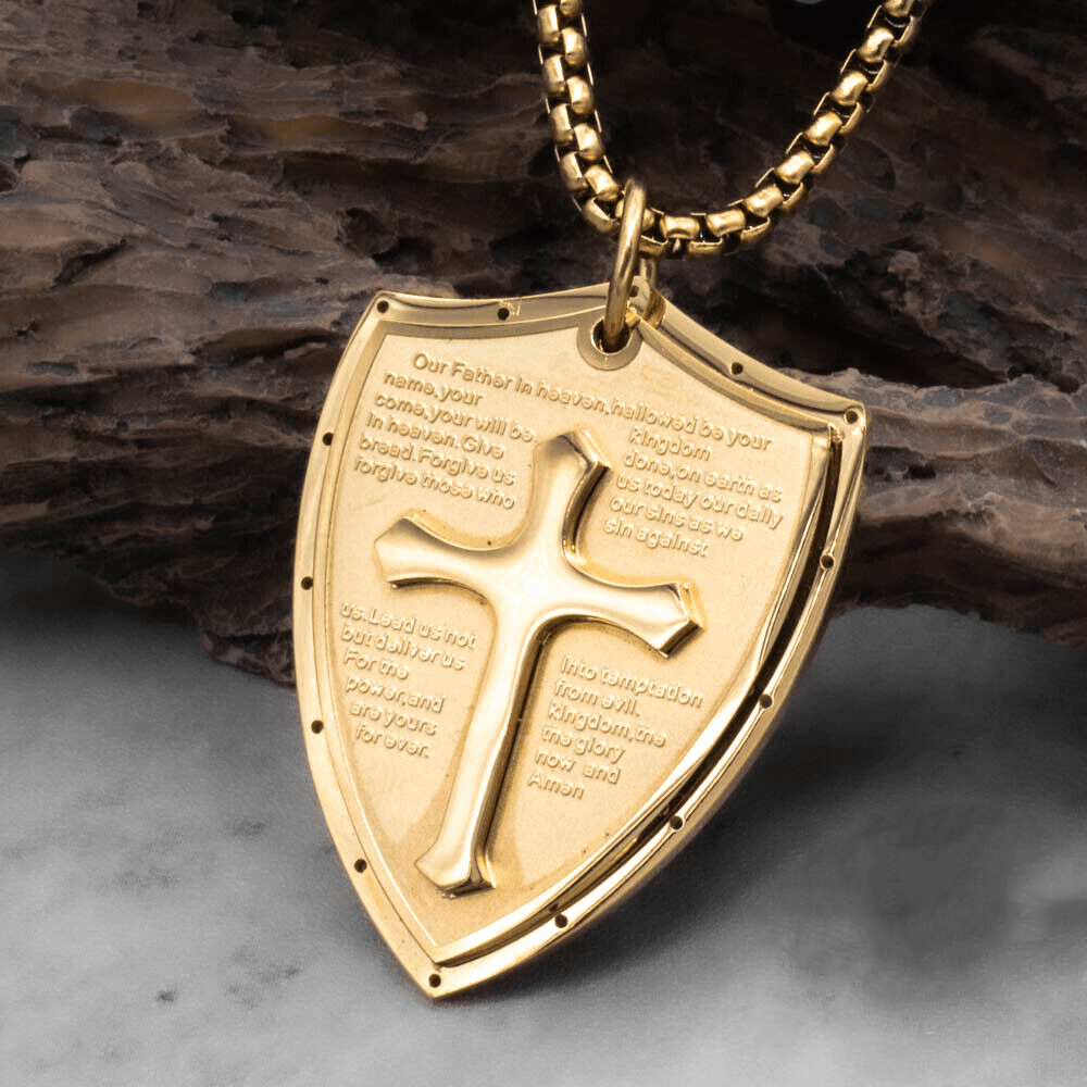 Christianartworkshop Collier pendentif croix et bouclier en acier inoxydable avec la prière du Seigneur - Notre Père - Doré - image 13