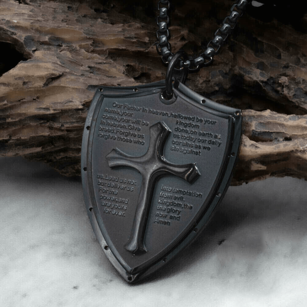 Christianartworkshop Collier pendentif croix et bouclier en acier inoxydable avec la prière du Seigneur - Notre Père - Noir - image 11