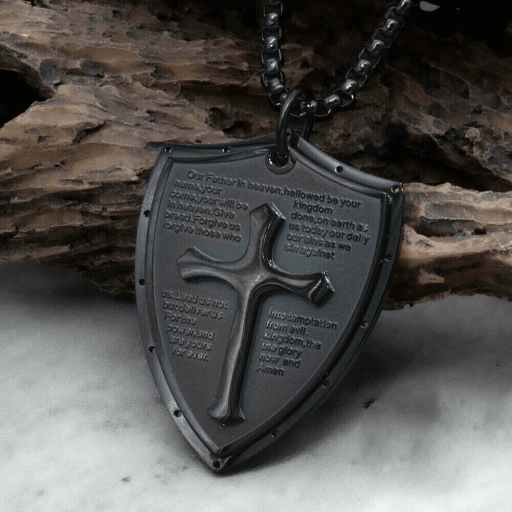 Christianartworkshop Collier pendentif croix et bouclier en acier inoxydable avec la prière du Seigneur - Notre Père - Noir - image 11
