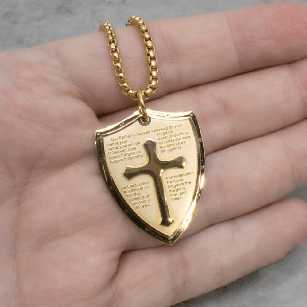 Christianartworkshop Collier pendentif croix et bouclier en acier inoxydable avec la prière du Seigneur - image 14