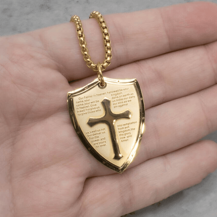 Christianartworkshop Collier pendentif croix et bouclier en acier inoxydable avec la prière du Seigneur - image 14