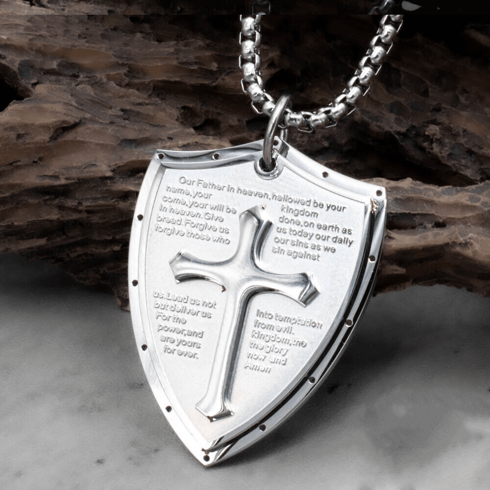 Christianartworkshop Collier pendentif croix et bouclier en acier inoxydable avec la prière du Seigneur - Notre Père - Argent - image 9