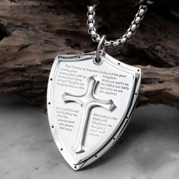 Christianartworkshop Collier pendentif croix et bouclier en acier inoxydable avec la prière du Seigneur - Notre Père - Argent - image 9