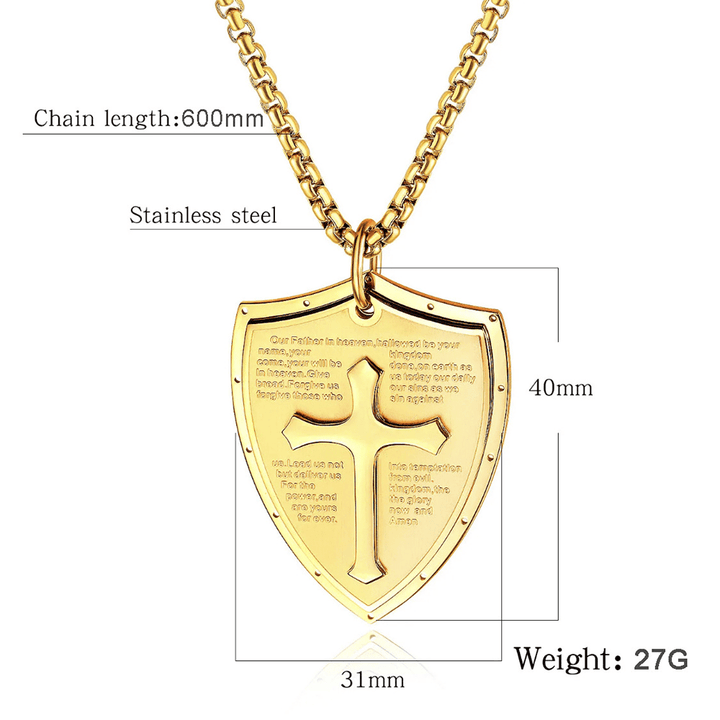 Christianartworkshop Collier pendentif croix et bouclier en acier inoxydable avec la prière du Seigneur - image 16