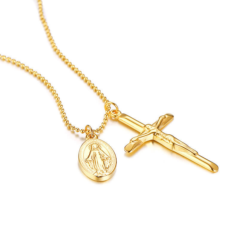 Christianartworkshop Collier en titane avec médaillon et crucifix de la Vierge Marie - Doré - image 0