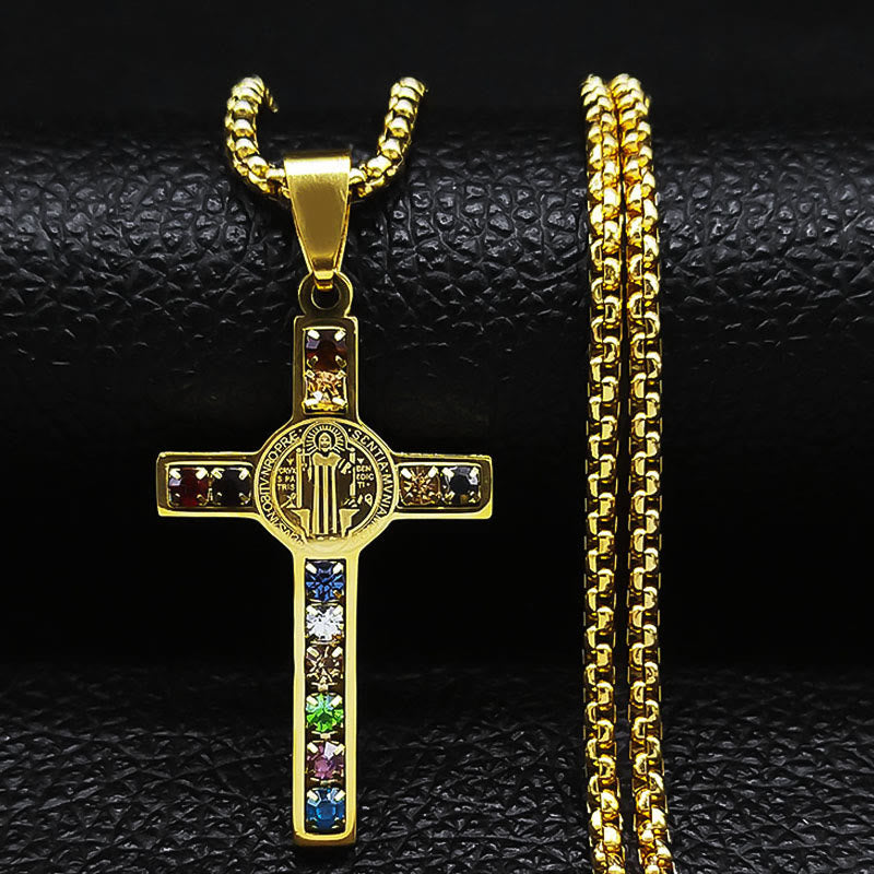 Christianartworkshop Croix de Saint Benoît, Bible et collier de cristaux - Doré - image 0