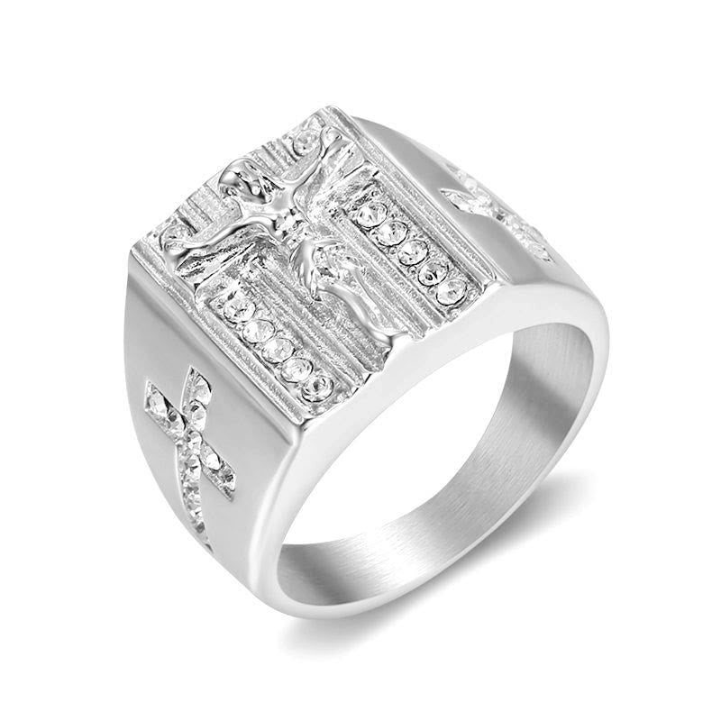 Bague religieuse crucifix Jésus en zircone, par Christianartworkshop - Argent - US 14 - image 3