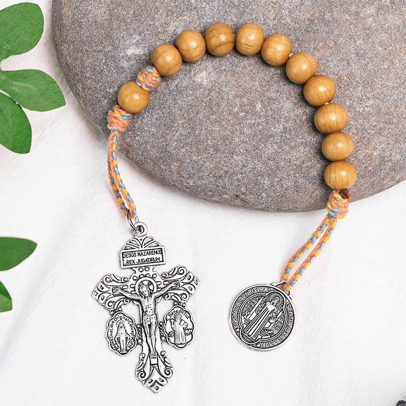 Christianartworkshop Chapelet de la dizaine en bois d'olivier avec médaille de Saint Benoît - Cordon orange coloré - image 6