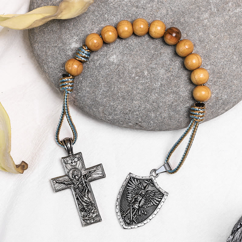 Chapelet de poche avec médaille de Saint-Esprit, croix de Jésus et saint Michel Archange - Cordon cyan et marron - image 0