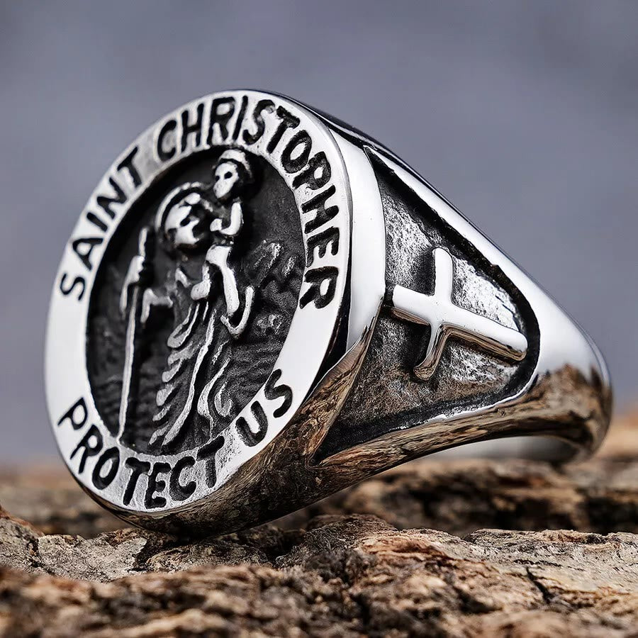 Bague chevalière avec médaille Saint Christophe « Protège-nous » de Christianartworkshop - Argent - US 13 - image 6