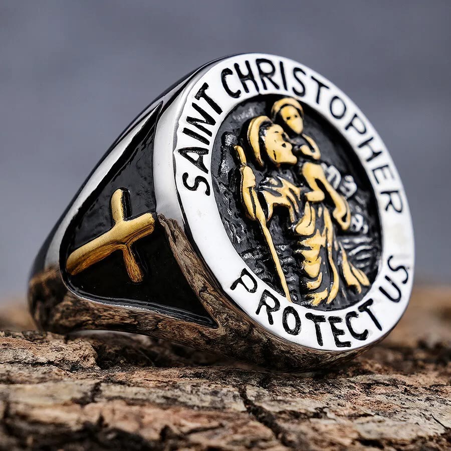 Bague chevalière avec médaille Saint Christophe « Protège-nous » de Christianartworkshop - Argent-or - US 13 - image 0